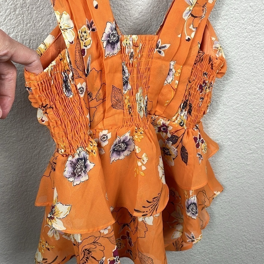 Haute Monde Ruffle Tiered Peplum Chiffon V Neck Blouse Orange Floral - Picture 4 of 7